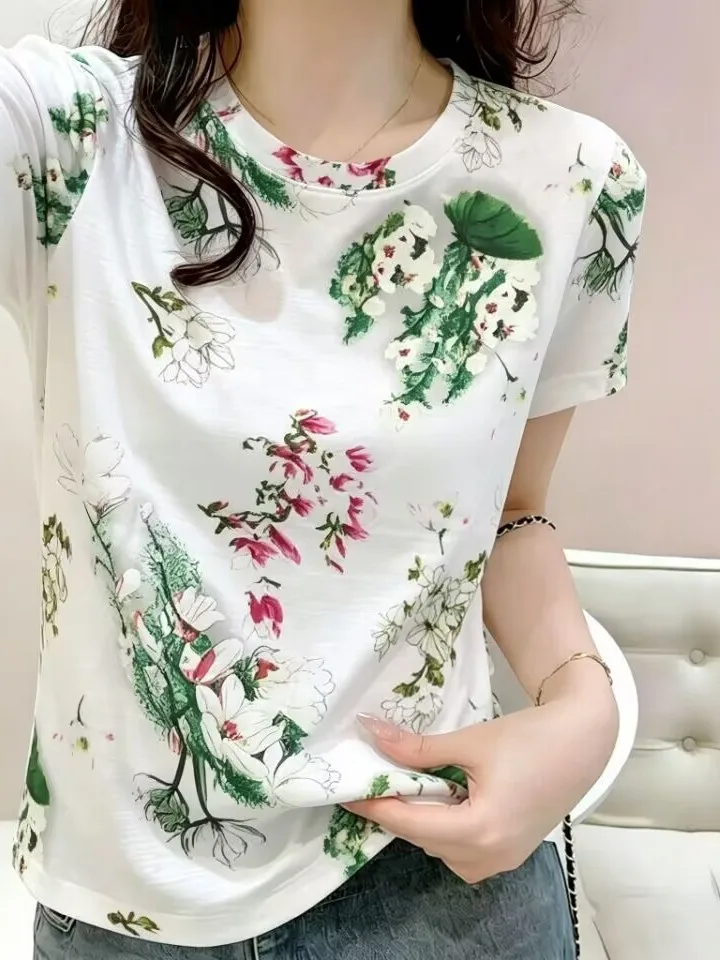 

Slimming Short Sleeve round Neck T-Shirt Women's Fashionable Base Shirt Casual Style Printed Loose Fit Summer Top