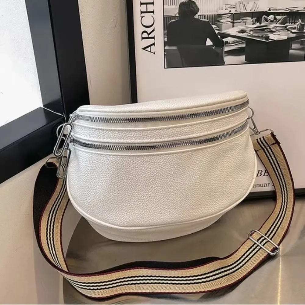 

Fashion Elegant Wide Strap Crossbody Bag Solid Colour Double Zippers Design Fanny Packs Shoulder Bag PU Leather Women Waist Bag