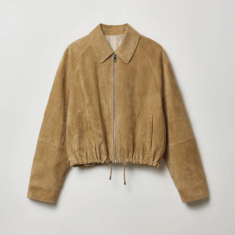 المرأة المستوردة سترة جلدية من جلد الغزال 2025 خريف جديد الخصر الرباط تصميم الإناث التلبيب الفاخرة ألف خط الماعز سترة معطف قصير