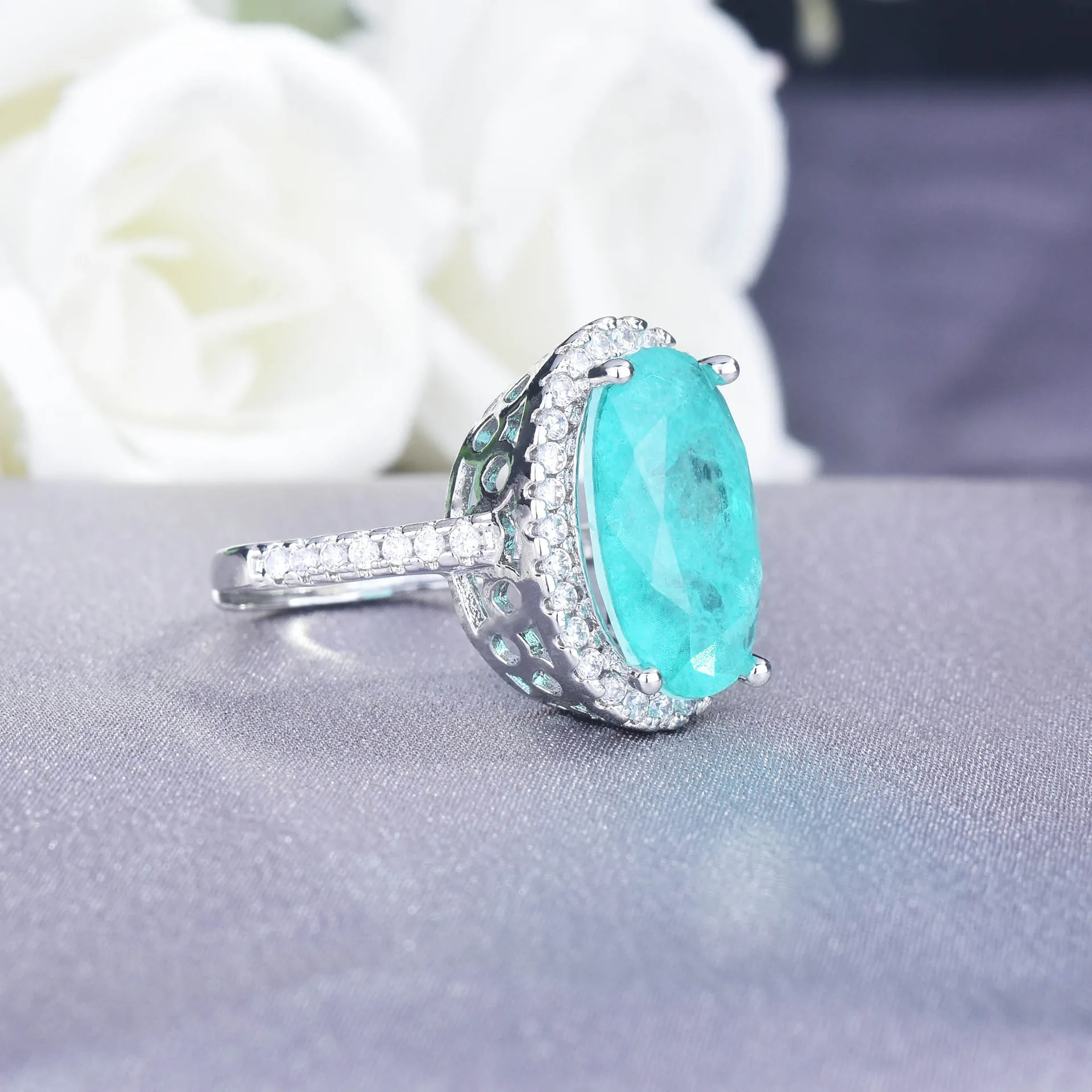 Simulation Paraiba silver ring, big goose egg engagement ring, female