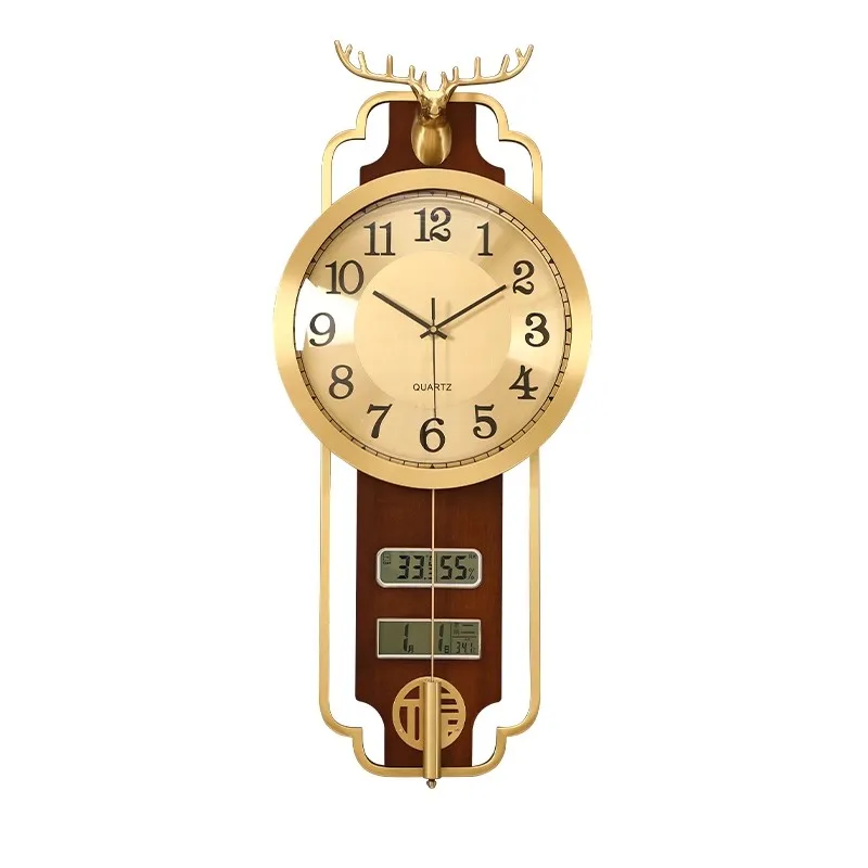 New Chinese style wall clock, living room, home use with date, brass solid wood vertical version, new decoration