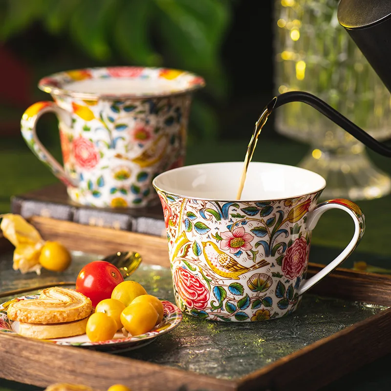 430ml Rose Ceramic Coffee Cup with Lid Painted Flower and Bird Ceramic Mug Breakfast Milk Mug Afternoon Camellia Flower Tea Cup