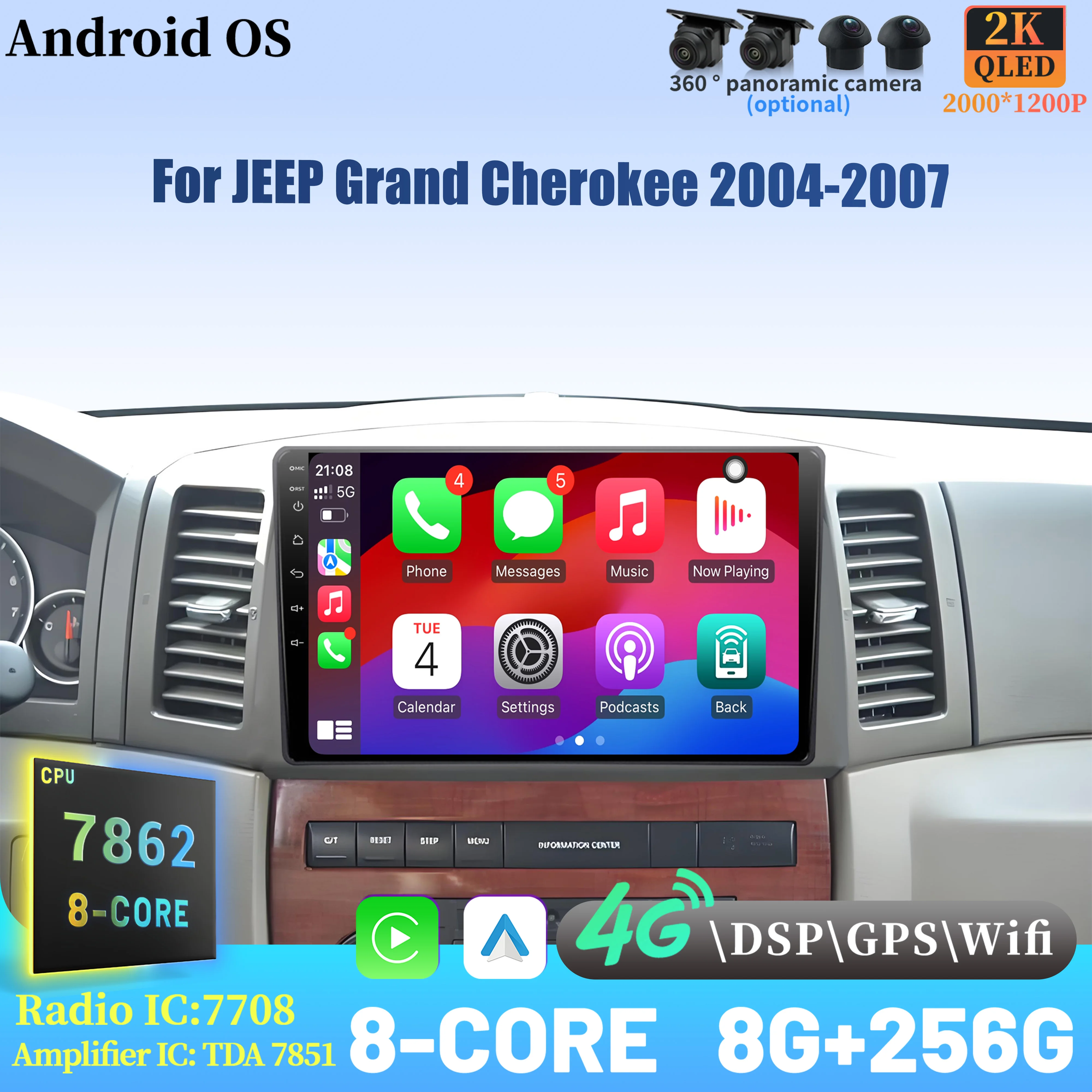 

Android 14 Radio Car Multimedia Player Touch 2K QLED Screen For JEEP Grand Cherokee 2004-2007 Wireless BT CarPlay