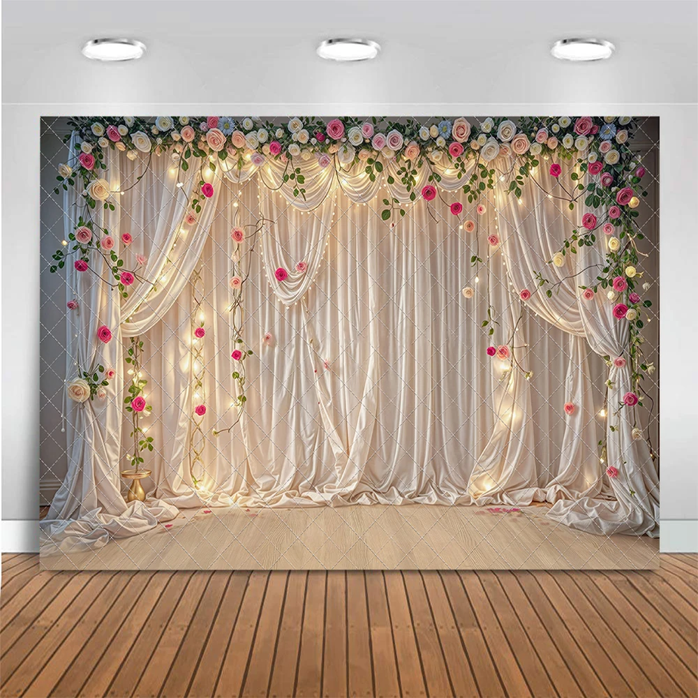 Wedding Bride Shower Photography Backdrop White Curtains Rose Wall Warm Light Decor Background Birthday Photo Studio Props