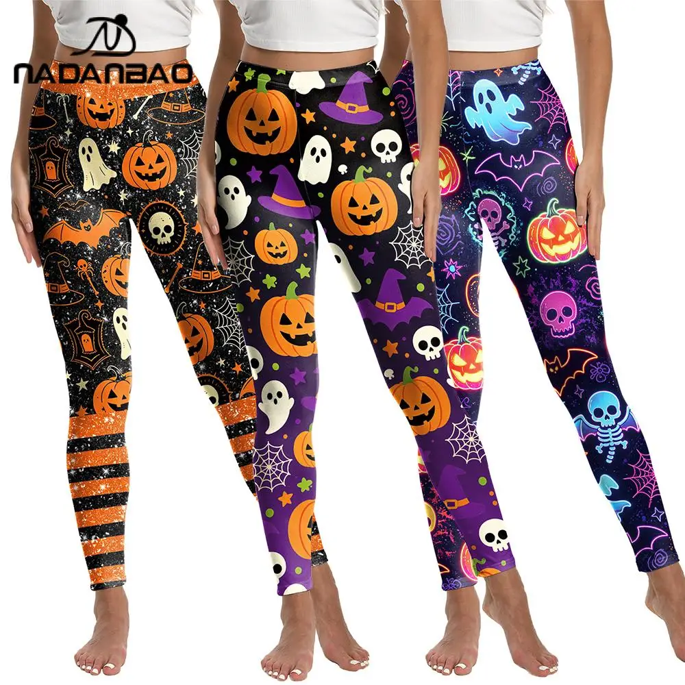 

Nadanbao Halloween Pumpkin Ghost Pattern Leggings Women's 3D Skull Bat Print Trousers Sexy Slim Pants Outdoor Fitness Bottoms