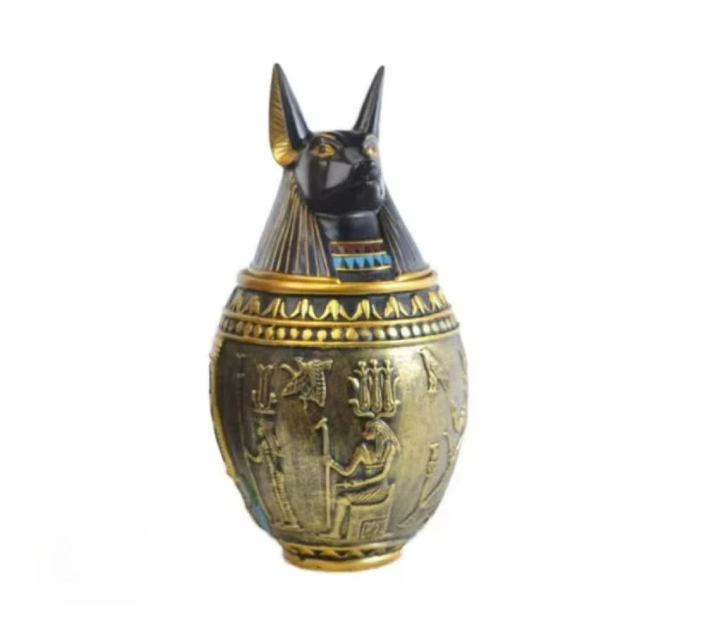 Urn Pet Ancient Egyptian Mythology Resin Sculpture Pet Memorial Urn with Anubis Statue Copper Jar Casket for Dog
