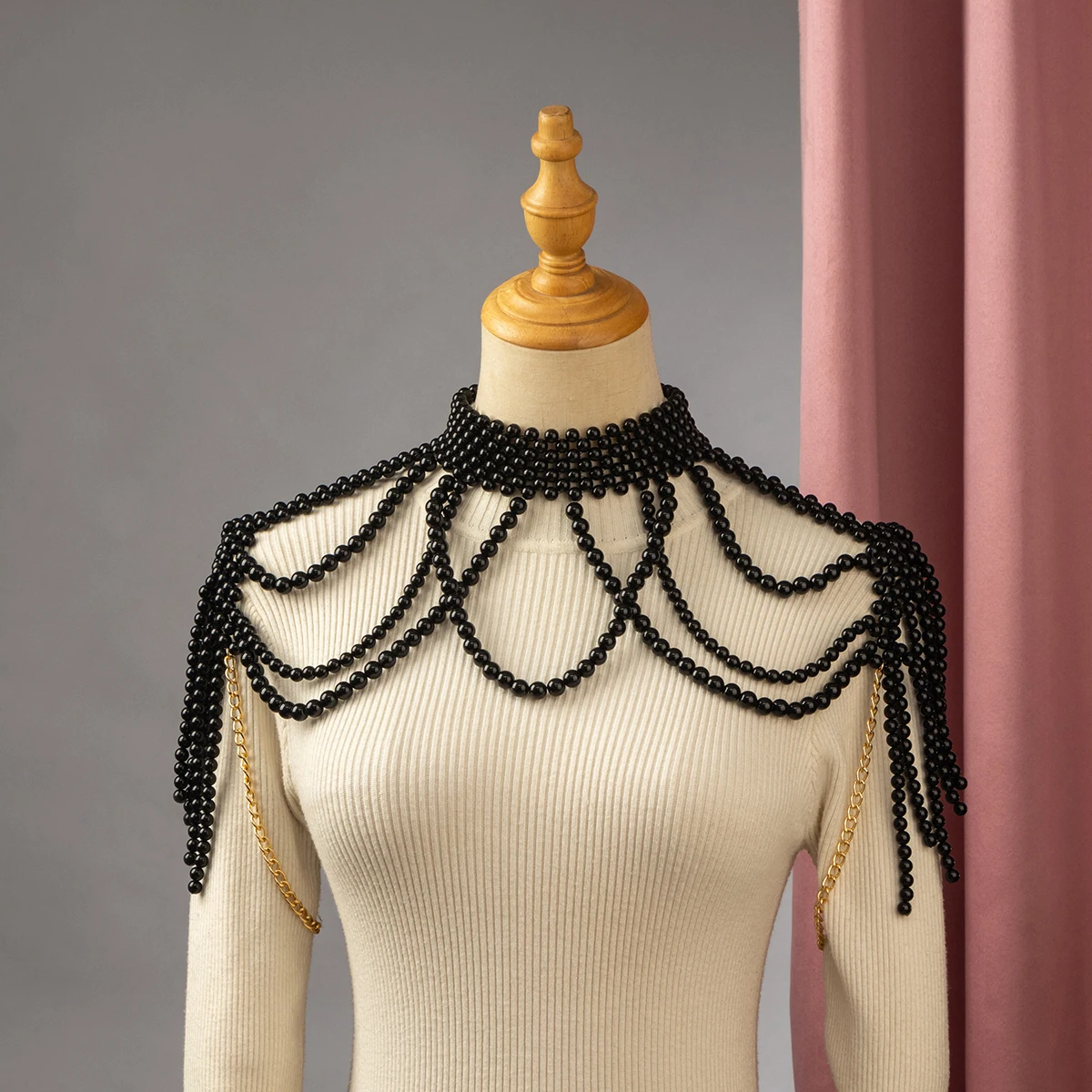 أنيقة الزفاف الكتف سلسلة مجوهرات اليدوية مطرز قلادة كبيرة الجوف تقليد اللؤلؤ الجسم سلسلة الزفاف شال الملحقات #4