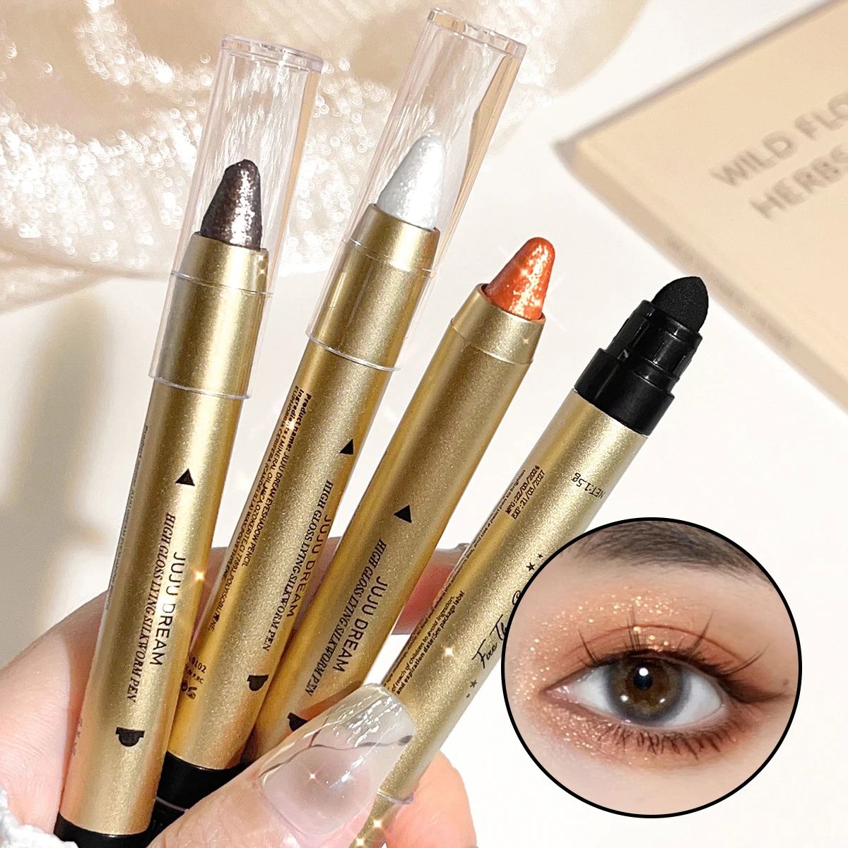 Matita per ombretti perlescenti a doppia estremità pigra, ombretto glitter impermeabile, contorno, matita per ombretti setosi illuminante