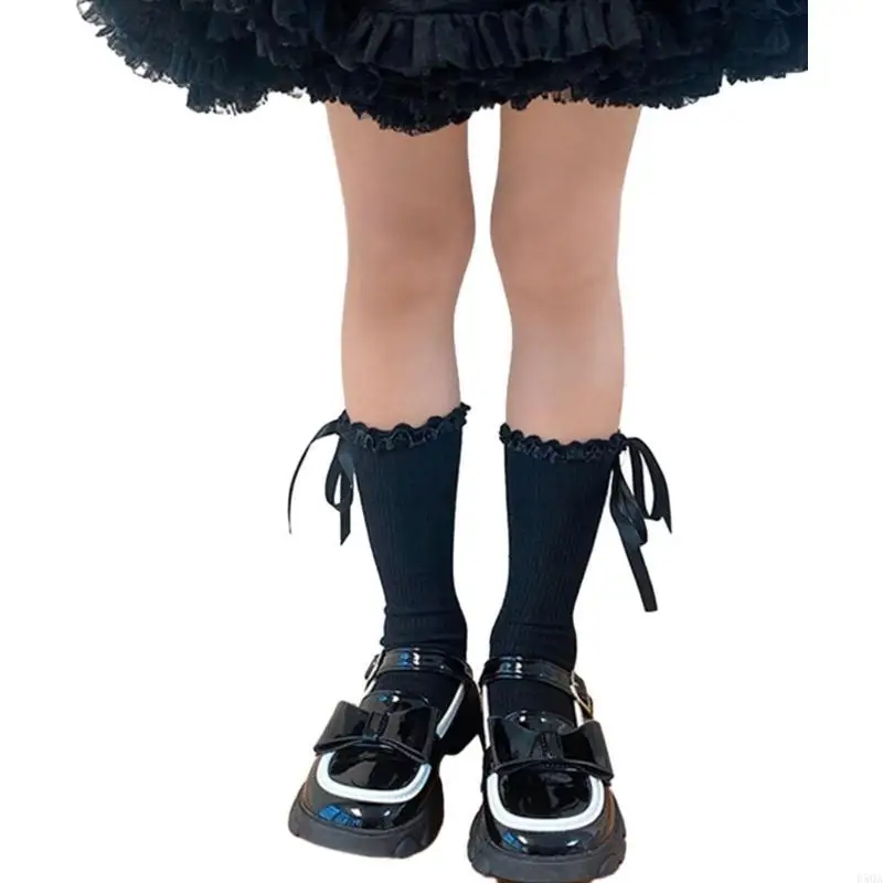 D5QA Calcetines holgados para niñas, calcetines con lazo y cinta, calcetines elásticos hasta rodilla