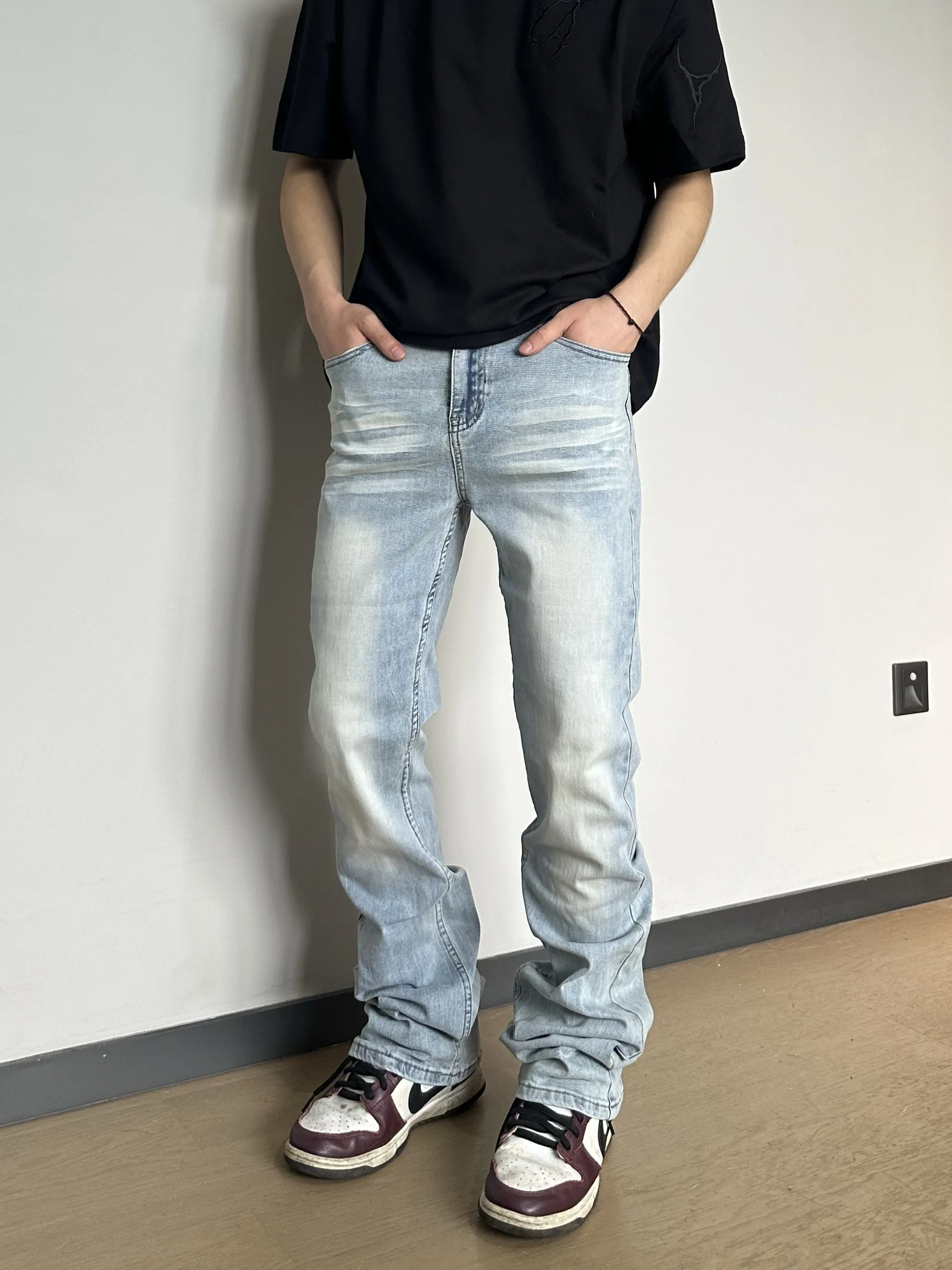 

Retro American High Street CleanFit Light Blue Elastic Denim Jeans Slimming Casual Long Trousers for Men And Women