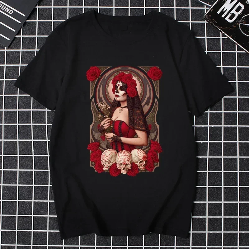 Santa Muerte T Shirt Men Women Lady of Holy Death Mexican Skull T-shirt Graphic Tee Tops Short Sleeve Streetwear Cotton Shirt