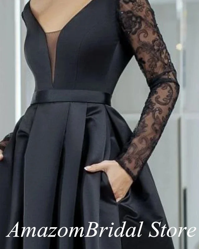 Black V Neck Long Sleeve Evening Dress Asymmetrical Lace Satin Formal High Low Prom Party Gowns robe de soriee vestidos de noiva