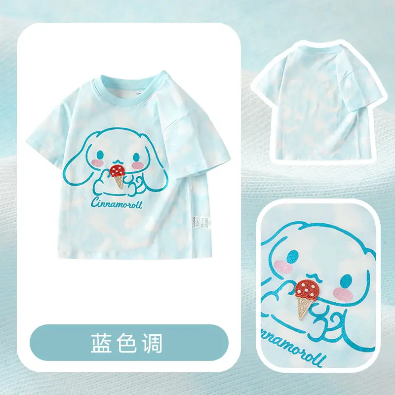 Camiseta de algodón con estampado de Anime para niños, camisa de manga corta con estampado de Hello Kittys, Kuromi Cinnamoroll, Tops bordados, ropa de verano