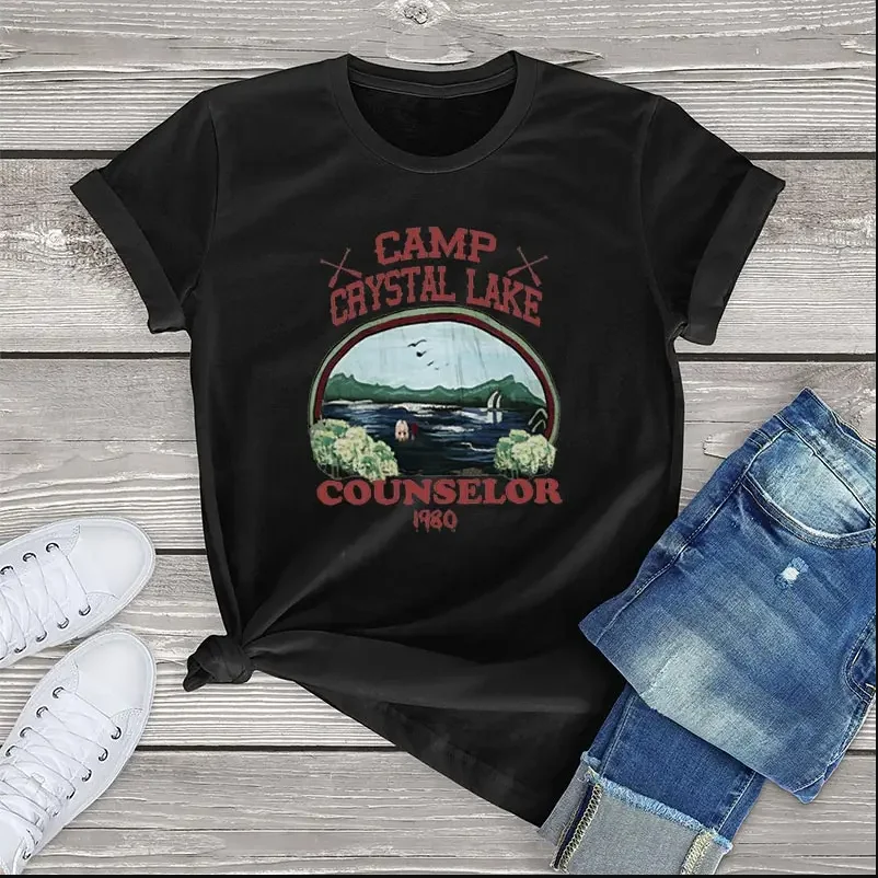 Camp Crystal Lake Counselor Vintage เสื้อยืดเสื้อผ้าผู้หญิงผ้าฝ้าย Unisex สยองขวัญแขนสั้นกราฟิกเสื้อ T สุภาพสตรีขนาดใหญ่