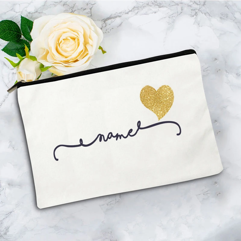 Customizable CuteGolden Heart MakeupBag Cosmetic PouchTravel ToiletryOrganizer for WomenPortable CanvasStorage Case for BeautyEs