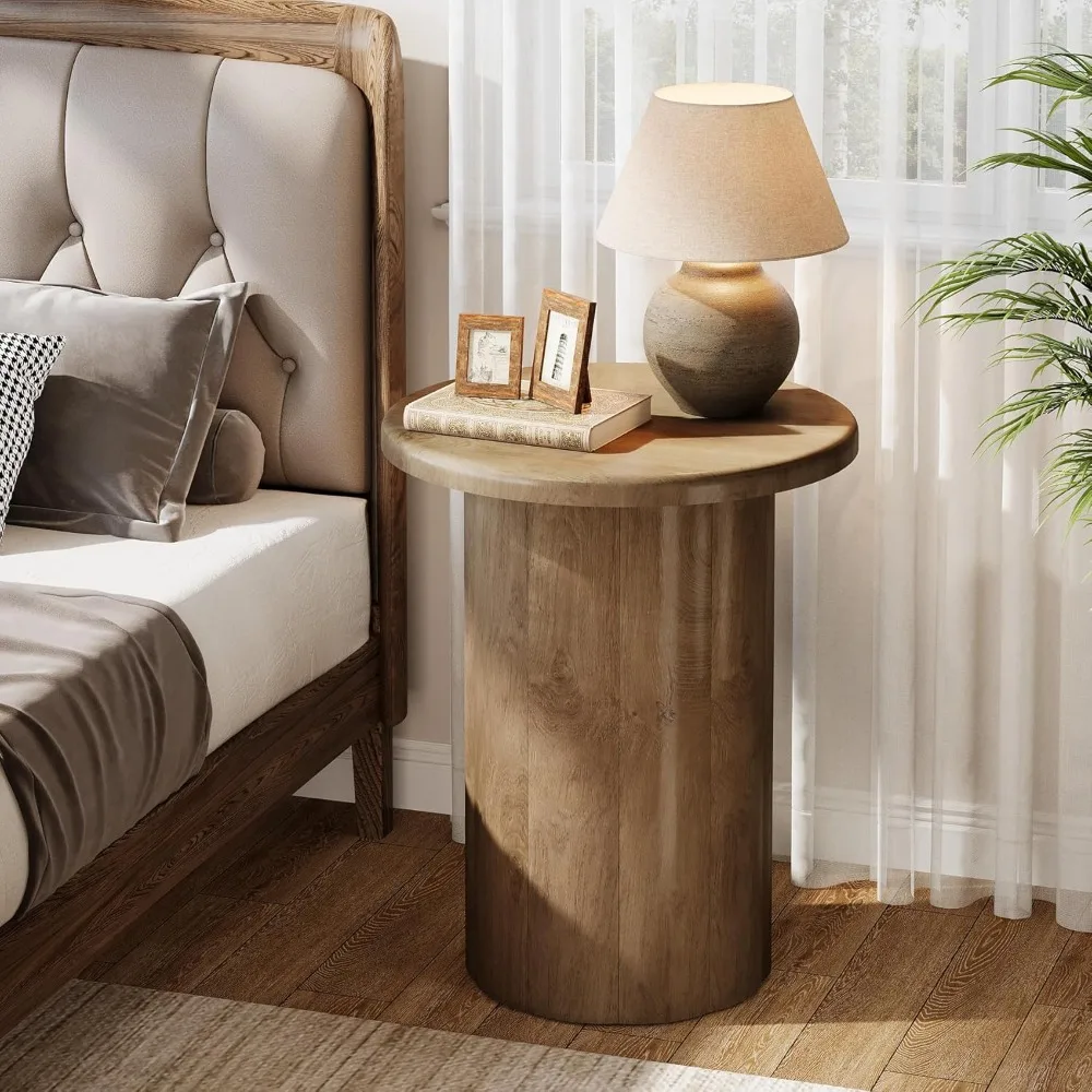 Petite table d'appoint de style ferme marron rustique avec base cannelée pour le salon, table de chevet d'appoint de 20 pouces