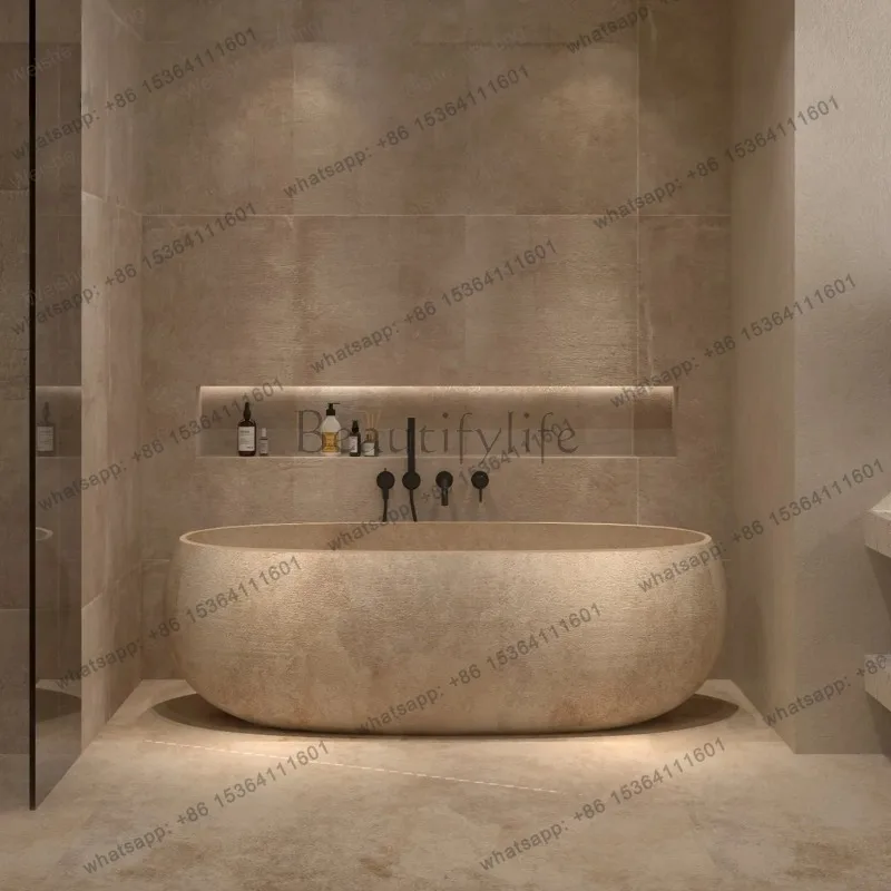 Retro Natural Marble Bathtub Compact Oval Deep Soaking Tub for Two Adults Heat-Retaining for Small