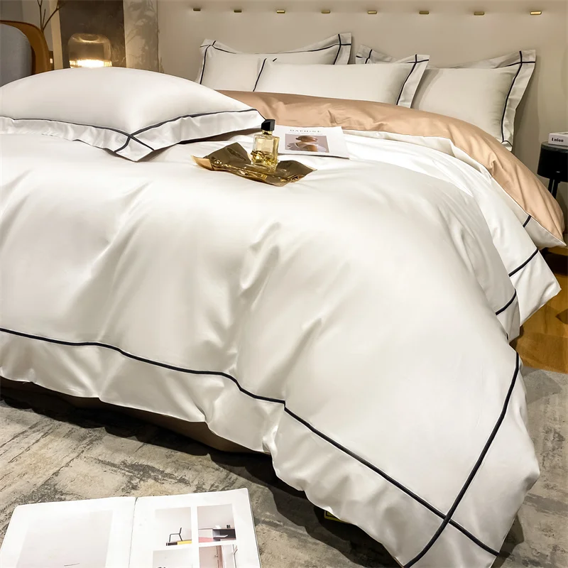 

White Bedding Set Egyptian Cotton Solid Color Stripe Embroider Duvet Cover Fitted sheet Bedlinen Pillowcases Home Textile