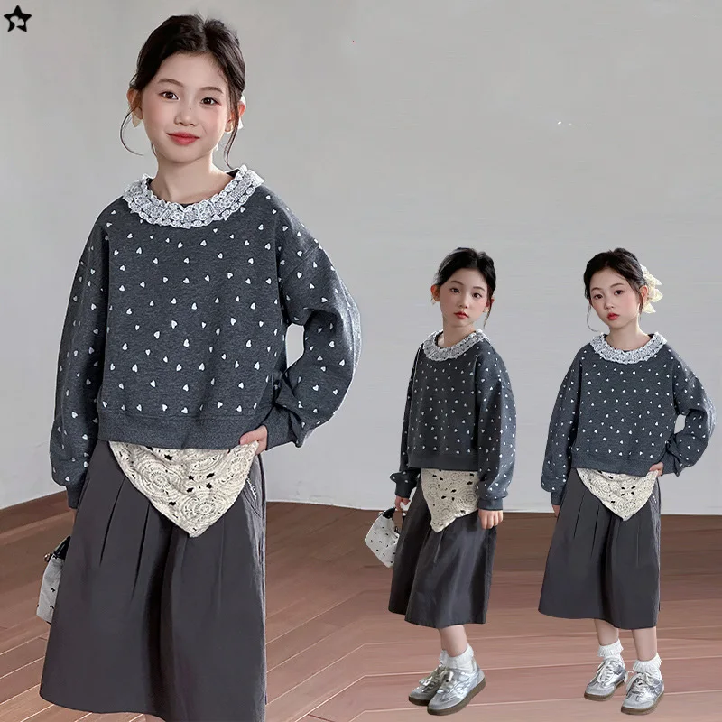 

Korean Autumn Kids Girls Two-piece Sets Heart Printed Patchwork Top+Solid Skirt Children Girls Suit Casual 4-14Y Girls Outfit