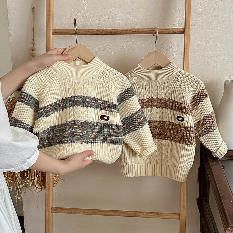 

2024 Autumn Toddler Boy Pullovers Cotton Rainbow Stripe Round Collar Infant Baby Boy Sweater Spliced Knitted Outwear Kid Boy Top