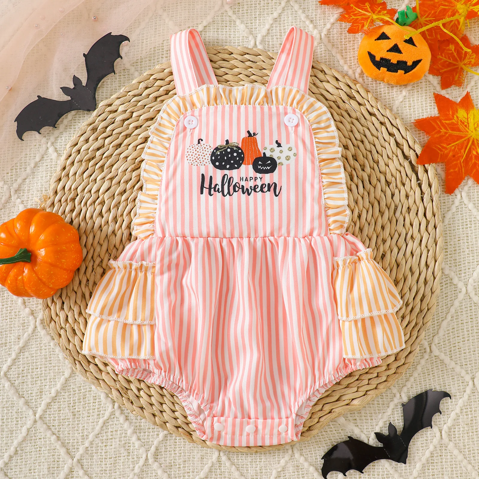 

Halloween Christmas Baby Girl Clothes 0-18M Bodysuit for Newborns Cotton Ruffled Striped Romper Pumpkin Letter Onesie Outfit