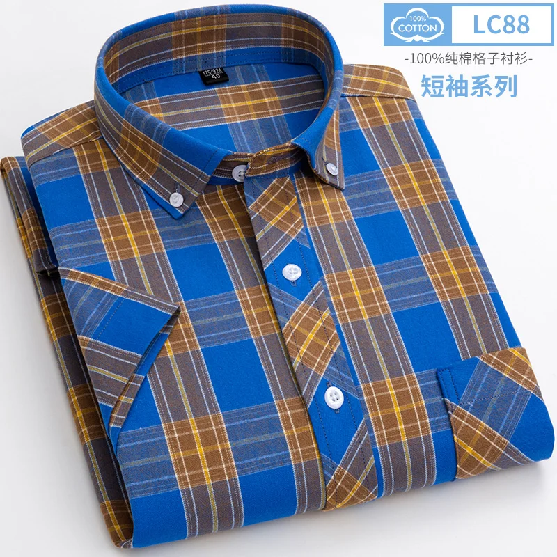 Summer Short Sleeve Shirts for Men Slim Fit Casual Plain Shirt Thin Plaid Hawaiian Soft Tops Popular Clothes 100%cotton