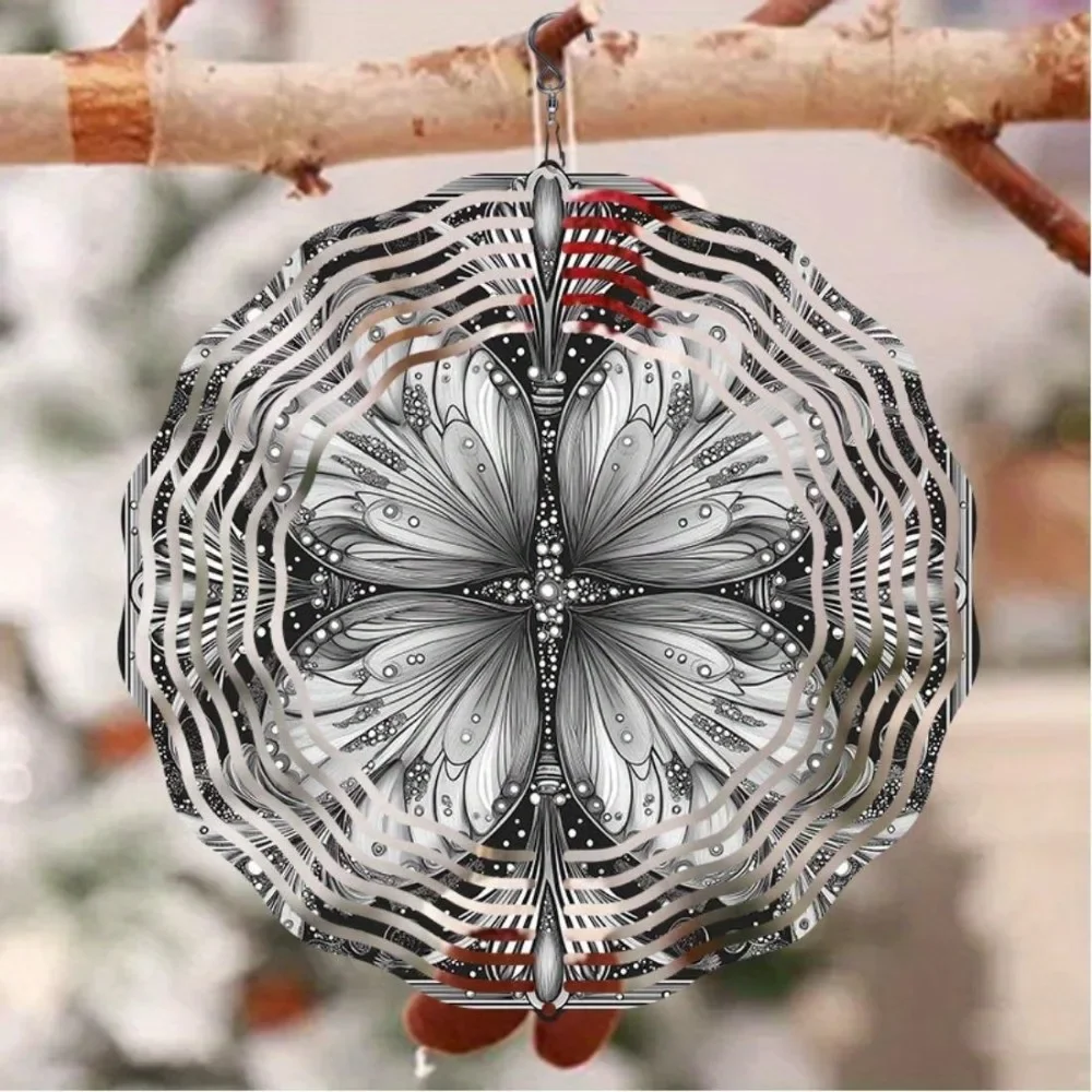 CIFBUY Mandala Wind Chime Rotating Metal Hand Painted Spinning Ornament for Garden Patio Indoor Decor All Season Black White