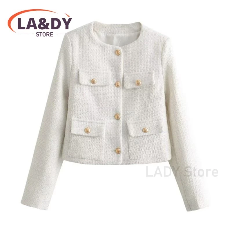 Jacket Coat Female 2024 Fashion Round Neck Single-Breasted Solid Spring Autumn Casual Long Sleeve Pockets Outerwear Women