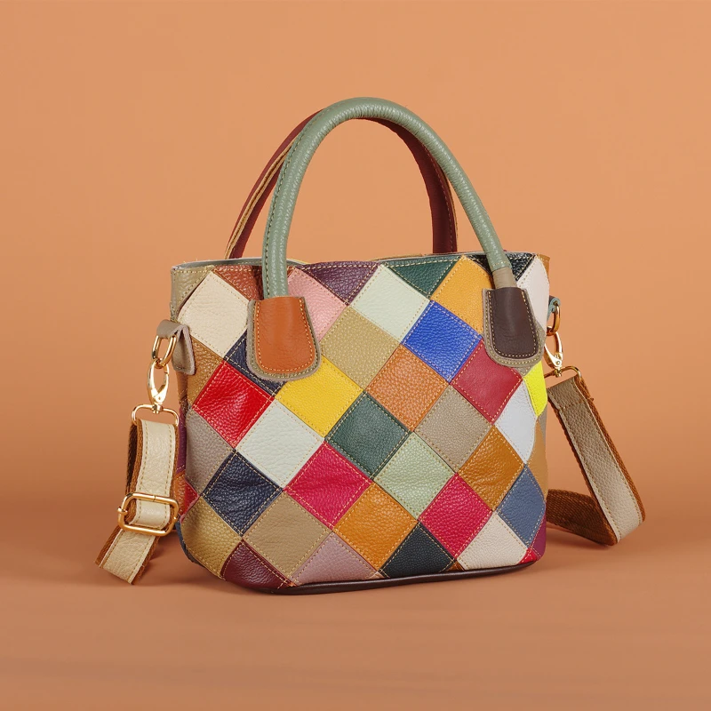 

Ethnic Style Genuine Leather Women's Handbag Tote with Shoulder Crossbody Options Colorful Plaid Patchwork Casual Cowhide Bag