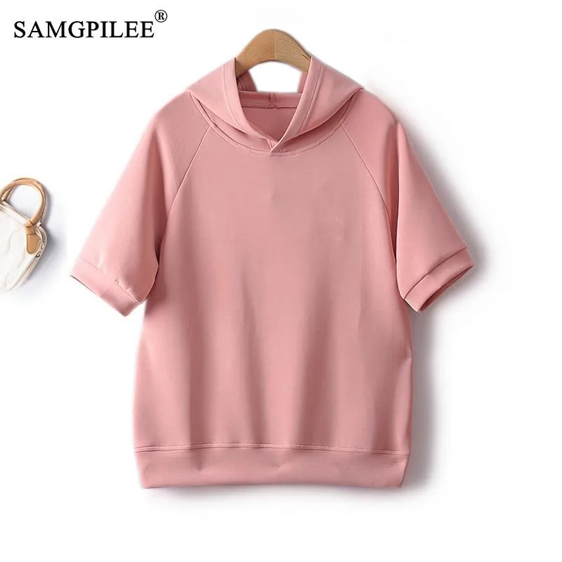 

Top Women 2023 Summer Casual Sweet Style Hooded Solid Air Cotton Oversized T-shirt Beam Mouth Short Sleeve Woman Sweater 4XL