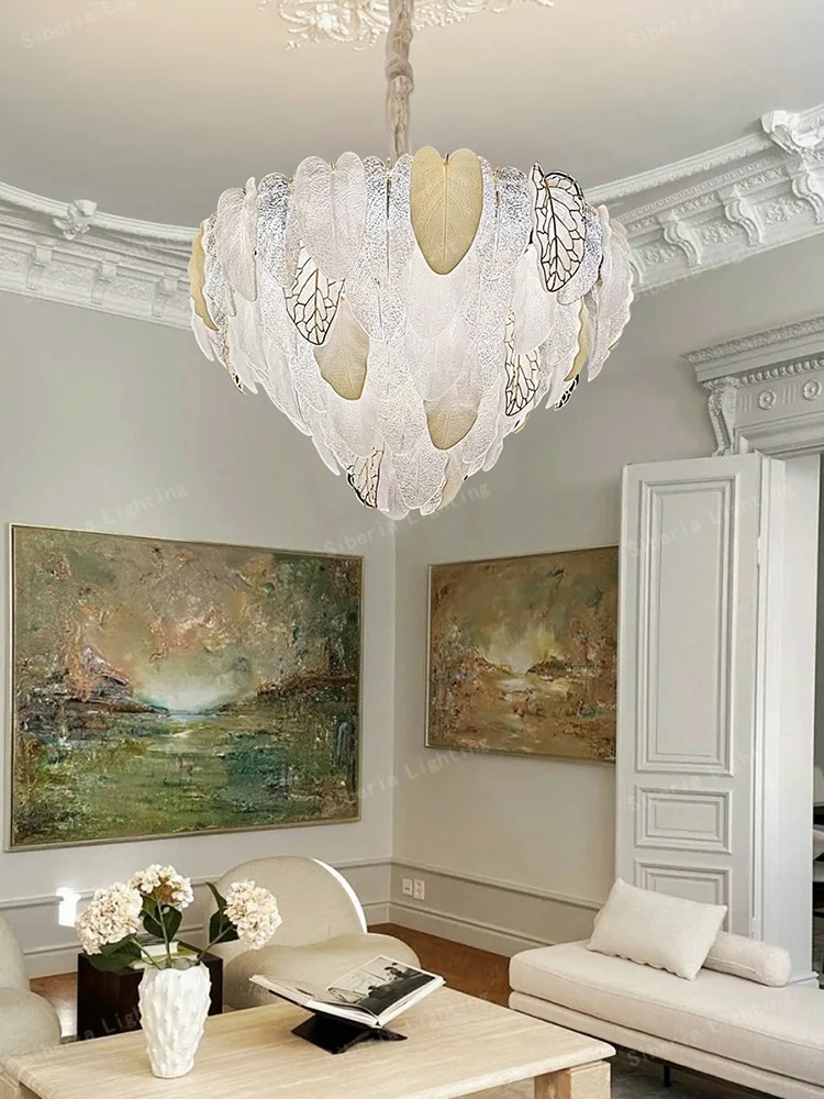 Neo-classical Oval Chandelier Leaf Vein Glass Delicate Hanging Lamp for Ceiling Led Home Decor Pendant Lights Dining Room Lustre