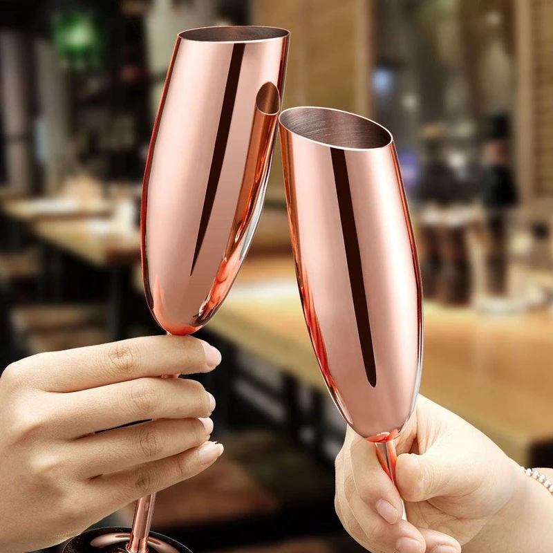 Set Of 2 Stainless Steel Champagne Wine Flutes Glasses Rose Gold Unbreakable Shatterproof