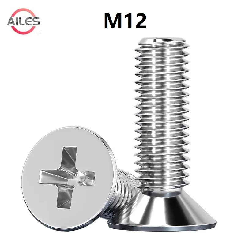 304 Stainless Steel M12 Cross Recessed Countersunk Screws Phillips Flat Head Machine Bolts 20 30 40 50 60 70 80 90 100mm