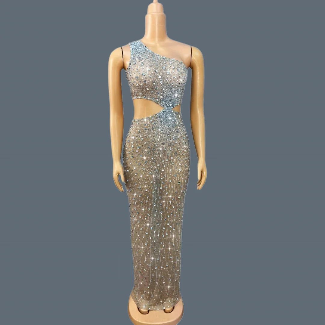 

Luxury Sparkly Nude Silver Rhinestone One Shoulder Cutout Maxi Dress Women Mesh Bodycon Stage Performance Evening Gown Shuijiliu