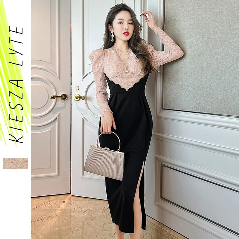 

Elegant Women's V Neck Dress 2024 Spring Clothes New Slit Patchwork Lace Midi Dresses Female