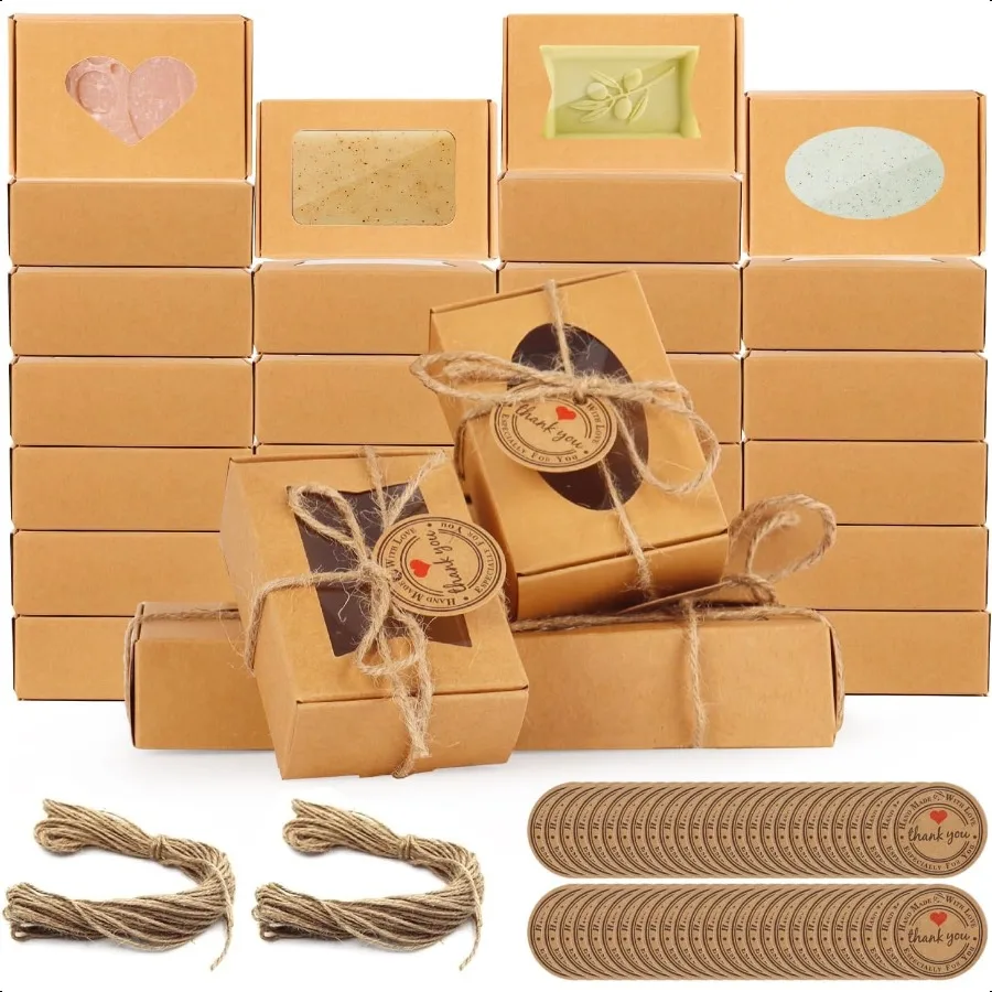

60 PCS Soap Boxes for Homemade Soap 3.55 X 2.4 X 1.2 Inch Small Soap Packaging Boxes Kraft Soap Box with Window Mini Soap Gift