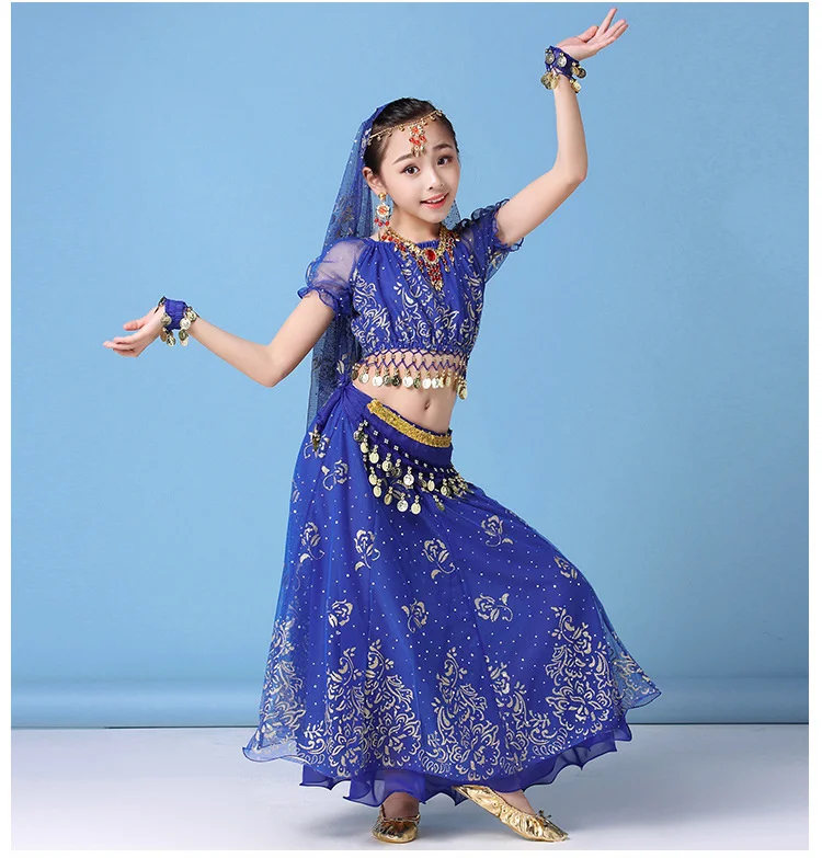 Traje de dança do ventre para meninas, trajes de dança indiana, desgaste da dança do ventre, roupas indianas, novo, 4 peças por conjunto