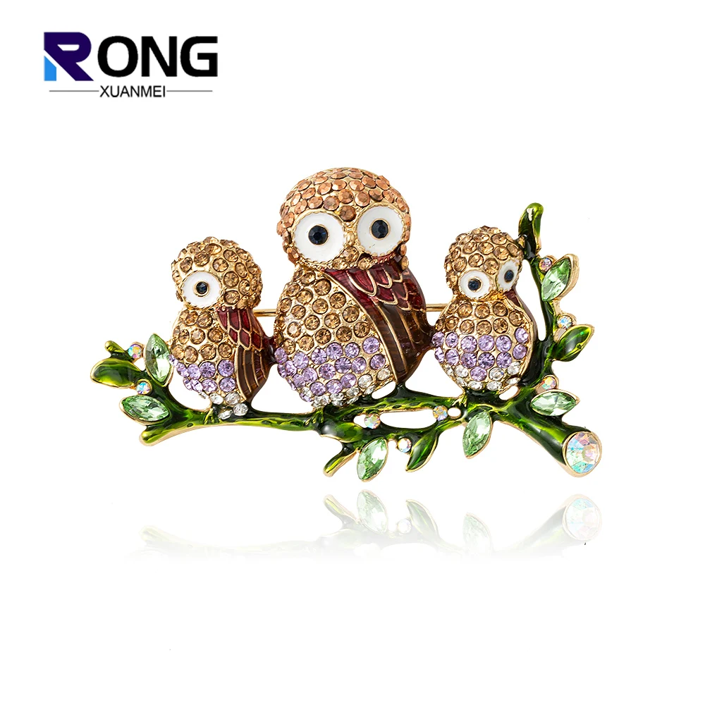 New High Quality Enamel Full Rhinestone Owl Brooches For Women Elegant Formal Clothes Overcoat Clothing Decorations Cute Brooch