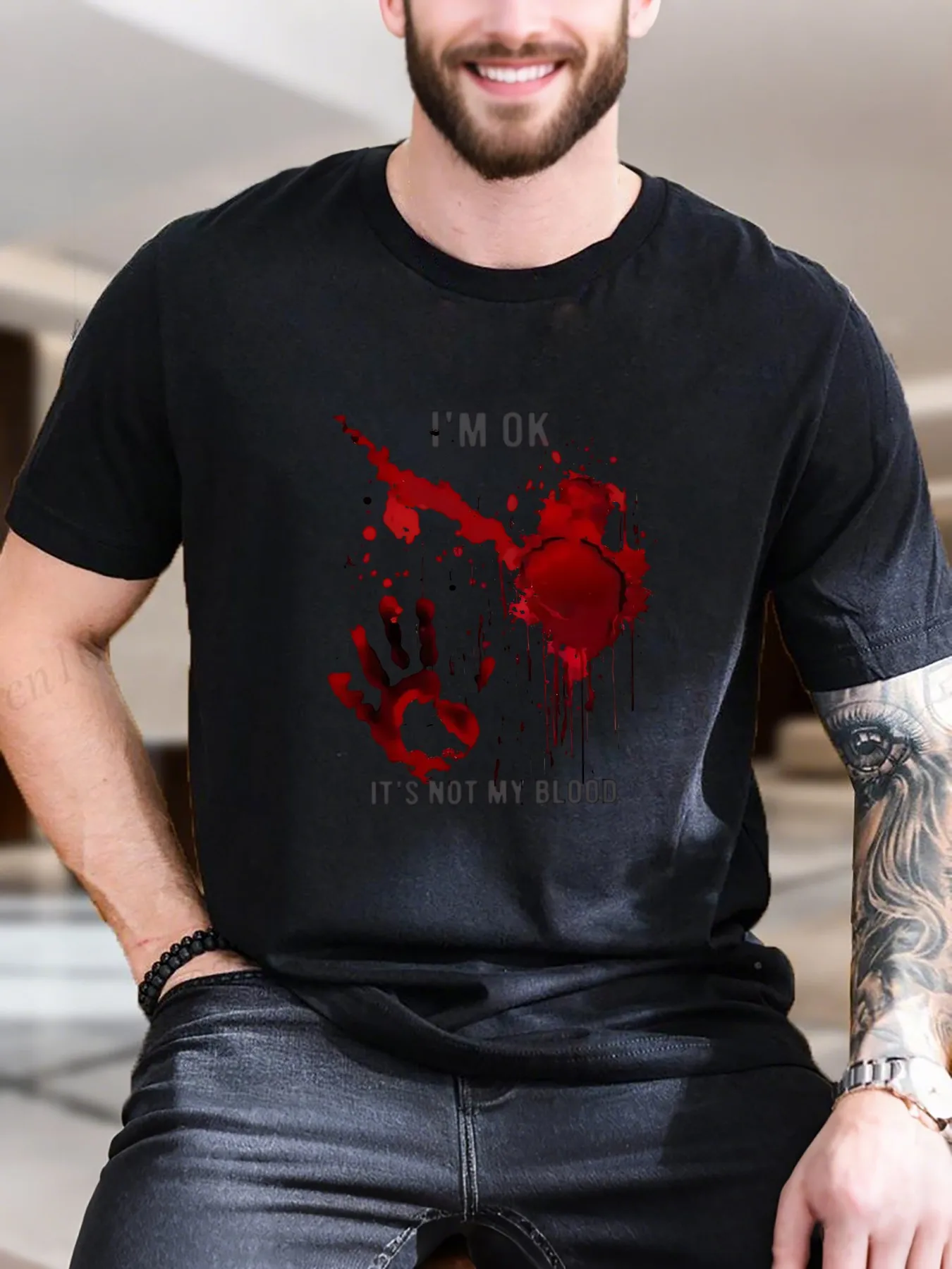 Nueva llegada, camiseta de manga corta estampada con estilo para hombre, camiseta transpirable 100% de algodón con gráfico de goteo de sangre porbo, estilo informal