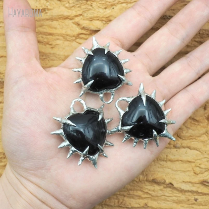 10Pcs Obsidian Gift For Her Brutalist Handmade Jewelry Soldered Organic Claws Heart Bubble Claw Thorns Point Pendant PM50127