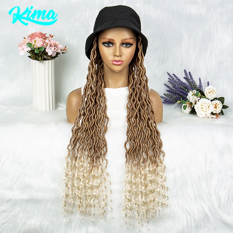 Synthetic Braided Wigs With Bucket Hat 30 Inch Crochet Braid Braiding Hair Machine Made Curly Afro Deradlocks Wig With Hat