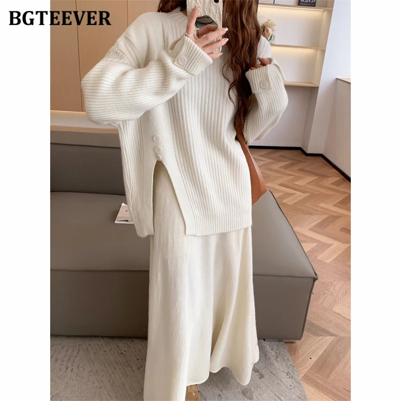 BGTEEVER Casual Warm Loose Women 2 Pieces Knitted Outfits O-neck Side Split Pullovers Sweaters & High Waist A-line Skirts