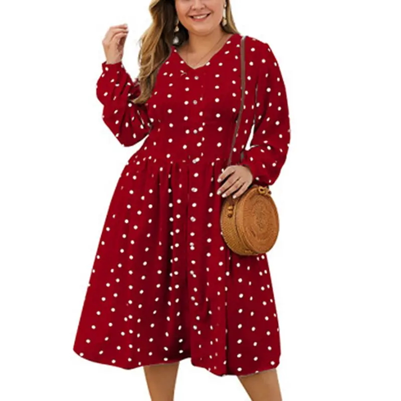 

Women's polka-dot long-sleeved V-neck button cardigan rocking dress, summer fashion, plus size, new style,