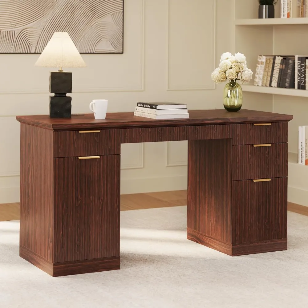 

58" Fluted Modern Desk with Storage, Home Office Desk with 1 File Cabinet & 5 Drawers, Wood Executive Computer, Customized