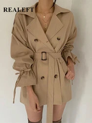 REALEFT 2023 New Autumn Winter Khaki Minimalist Women's Trench Coat Sashes Windbreaker Loose Flare Sleeve Double Breasted Trench