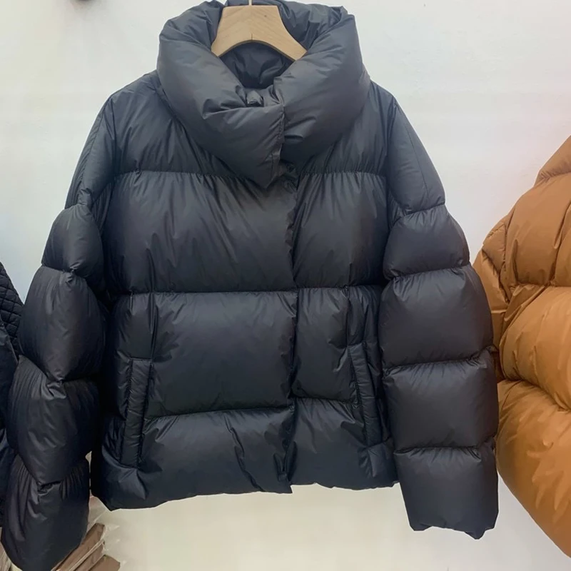 

2023 Winter Stand Collar Warm White Goose Down Jacket Women's Solid Color Pocket Zipper Coat Loose Casual Fashion Female Coat