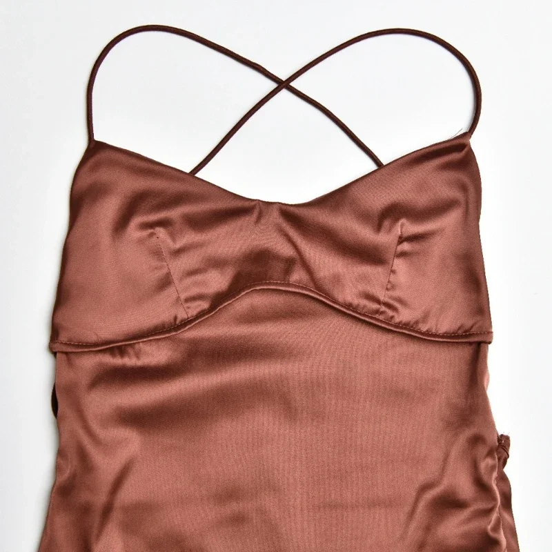 New Fashion Backless Women's Evening Dresses Slash Neck Spaghetti Strap Satin Dress Spring and Summer High Waist Slim Lady Dress