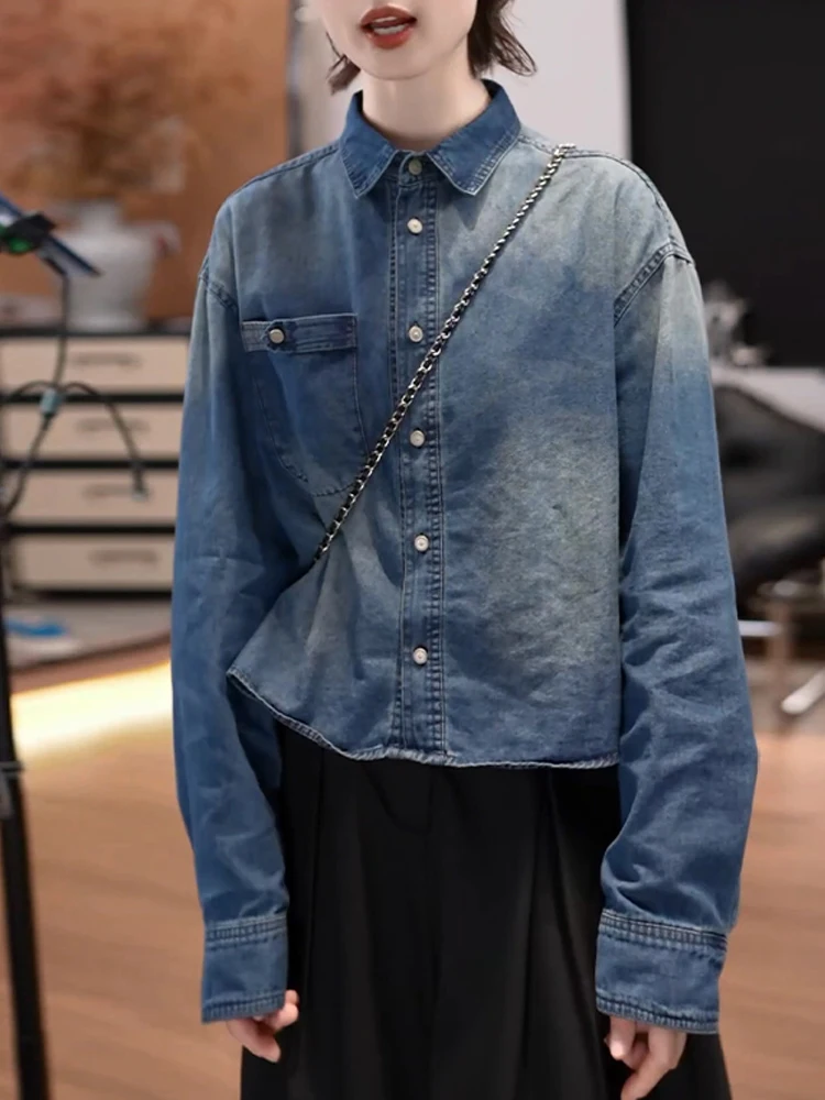 

Джинсовая куртка в стиле ретро, женская свободная дышащая длинная повседневная верхняя одежда с многослойным воротником-стойкой, осенняя новинка Sle