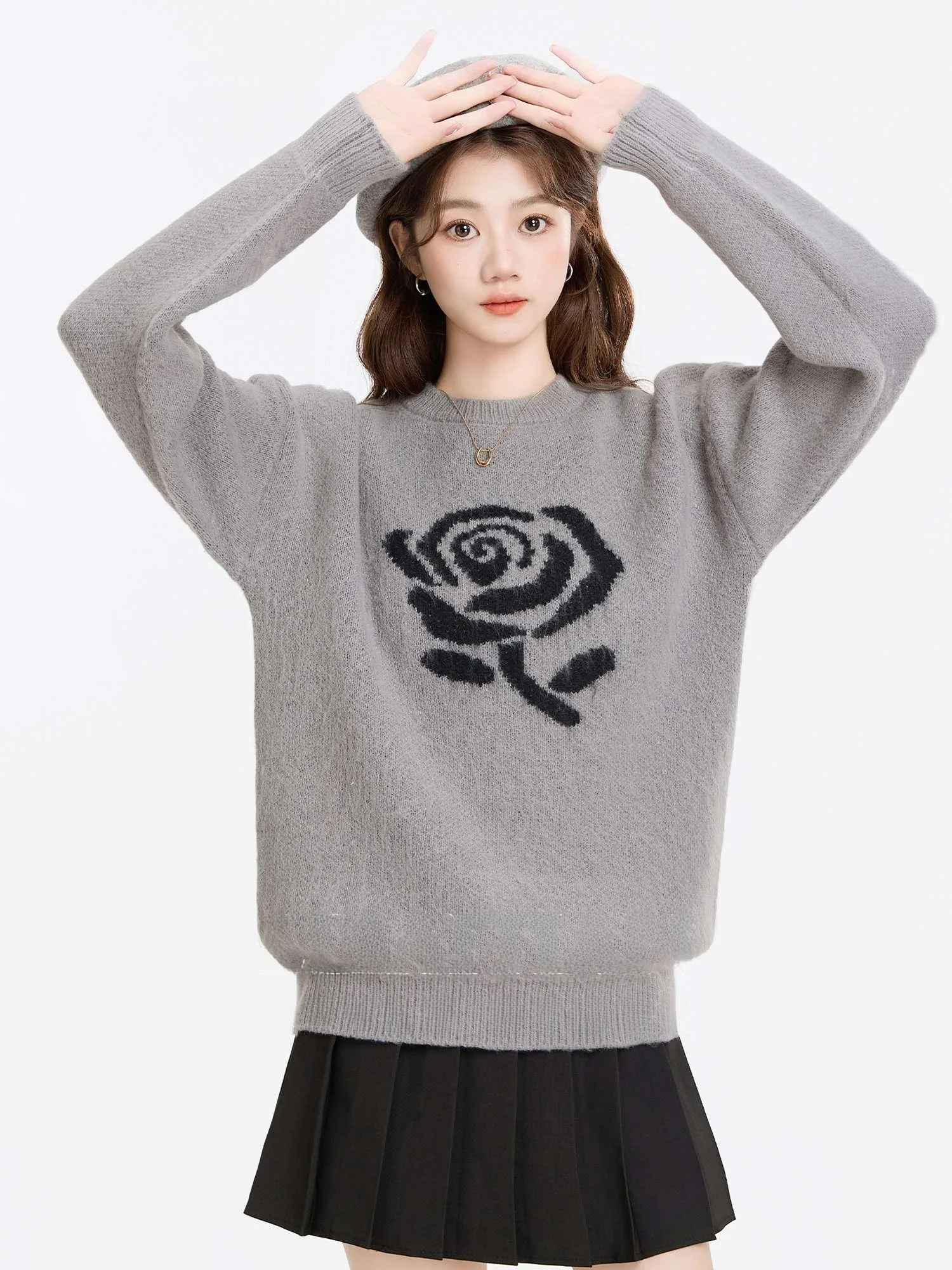 Retro Rose Embroidery round Ne Loose Women's Knitted Sweater Casual Outerwear Spring Autumn Winter Comfortable Fit Knitwear