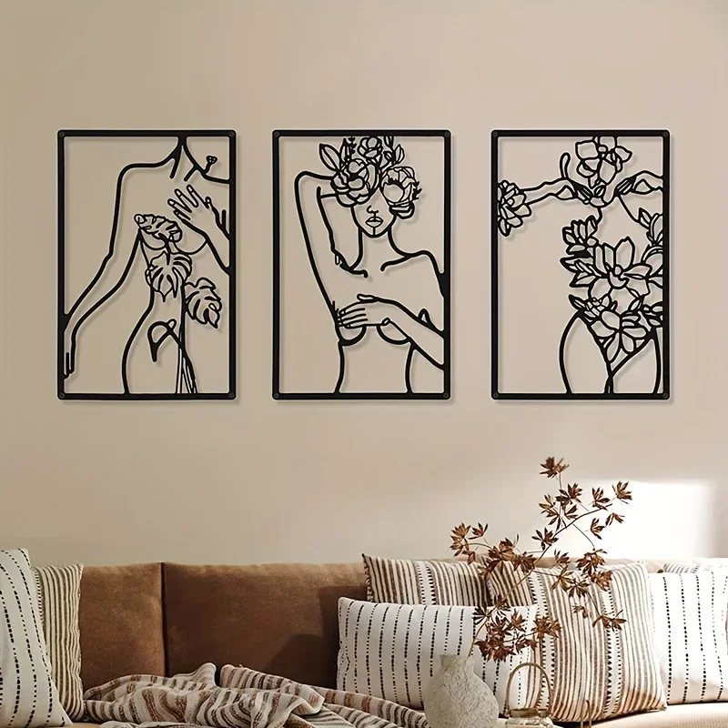 HELLOYOUNG 3pc Metal Minimalist Abstract Woman Wall Art Drawing Home Decor Bedroom Kitchen Bathroom Decor Metal Wall Hanging Dec